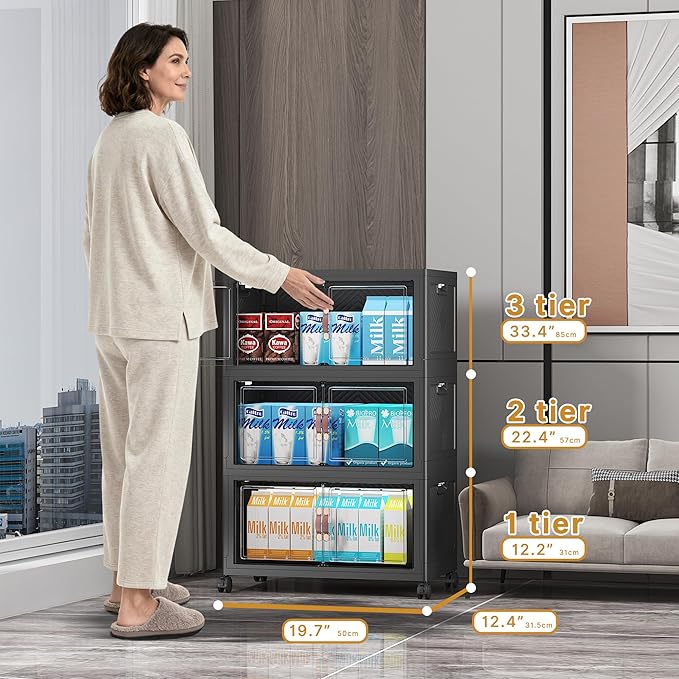 Extra Large Stackable Storage Bins with Lids & Wheels & Door, 156QT-52QT/13GAL*3Pack Foldable Collapsible Closet Organizers, Plastic containers drawers for bedroom Dorm