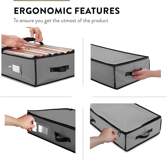 ZOBER Gift Wrapping Paper Organizer Storage - 40" Gift Wrap Storage Containers with Interior Pockets for Bows, Tags & Ribbons - Wrapping Paper Holder, 600D Oxford, Fits 24 Standard Rolls, Gray/Black