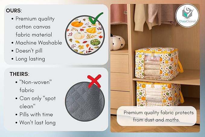 Canvas Storage Bags Designer Organizer 2 Pack – Seasonal Storage for Sweaters, Blankets, Linens & Garments – Foldable Design with Zip & Window, Moth-Proof Space Saver, Pumpkin Print