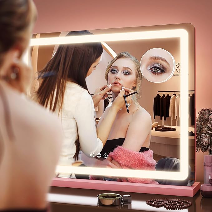 FENNIO 23" x 18" Vanity Mirror with Lights，LED Makeup Mirror，Hollywood Mirror with 3 Color Modes & Adjustable Brightness，Vanity Mirror Pink