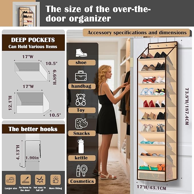 10 - Pocket Over - the - Door Hanging Shoe Organizers & Rack, Made of Sturdy 600D Oxford + Non - Woven Fabric, Space - Saving Storage for Shoes, Boots & More (Cream-colored)
