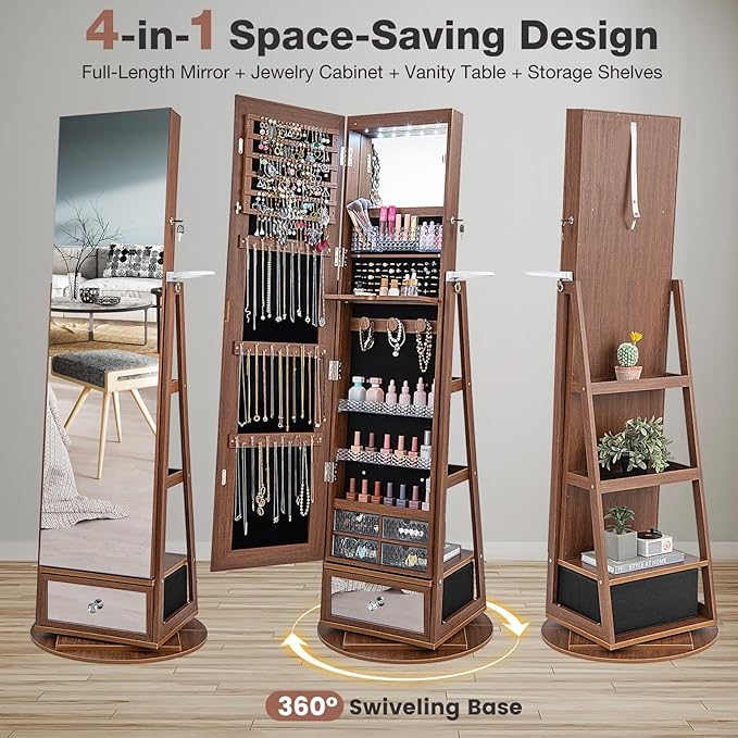 CHARMAID 360° Swivel Jewelry Cabinet Armoire 64.5" H, Full Length Mirror with Jewelry Storage, 6 LEDs Lockable Jewelry Organizer, Rear Storage Shelves, Large Drawer, Hairdryer Holder (Walnut)