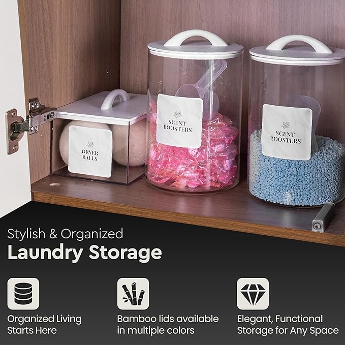 Laundry Pod Storage Container Set | Two 3L Glass Jars & One Acrylic Dryer Sheet Container with Bamboo Lids – Includes 2 Scoops, 60 Waterproof Laundry Labels – Dishwasher Safe