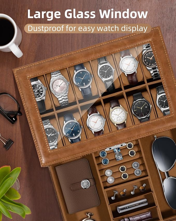 Uten 12-Slot Watch Box, 2-Layers PU Leather Watch Case with Glass Lid, Watch Holder Organizer with Soft Pillow and Velvet Lining, Watch and Jewelry Storage Box, Brown