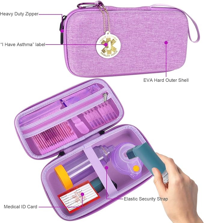 MGZNMTY Travel Carrying Case Compatible with Asthma Inhaler Spacer for Adults and Children, Masks, Inhaler Holder with Asthma Alert Tag and Medical Card, Carabiner (Only Case) (Purple)