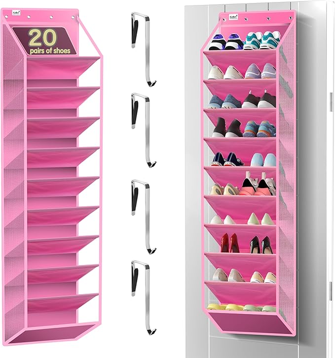 10 Tier Over The Door Organizer - Heavy Duty Hanging Storage Rack with Sturdy Oxford Fabric, Holds 20+ Pairs of Footwear, Boots & Sneakers, Saves 50% Closet Space! (Pink)