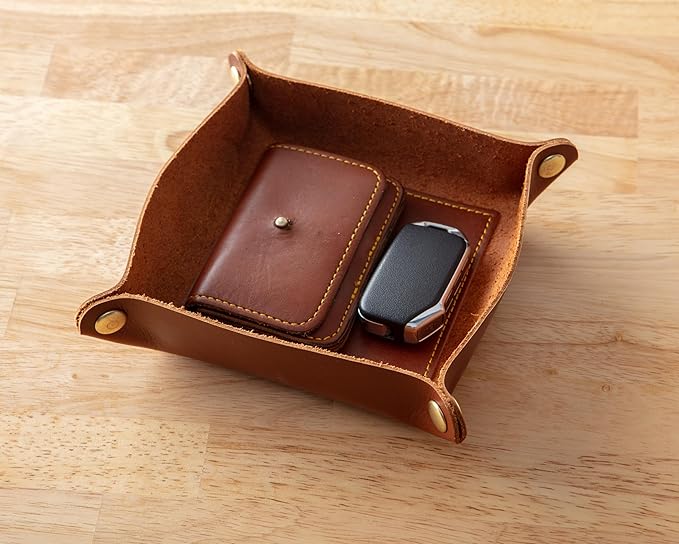 USA Handmade Premium Leather Valet Tray, Folds Flat! Dice Rolling Basket and Organizer with Brass Snaps (Chestnut and Blue Gold, Medium)