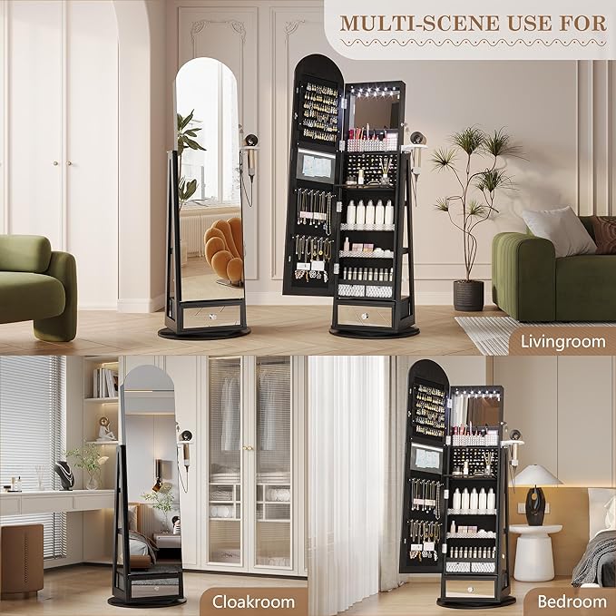 LVSOMT 360° Swivel Arched Jewelry Mirror Cabinet, 64"H Standing Jewelry Armoire with 6 LED Lights, Lockable Jewelry Organizer, Arch Full Length Mirror with Storage, Inner Makeup Shelf, Drawers (Black)