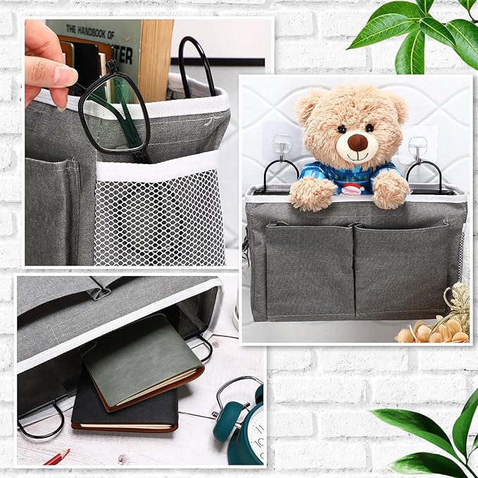 Berlune 6 Pcs Wall Hanging Storage Bag Wall Organizer Bag with Pockets and Hooks Linen Cotton Closet Hanging Organizer Basket for Bedroom Bathroom Dormitory, 11.4 x 7.5 x 4''(Pure)