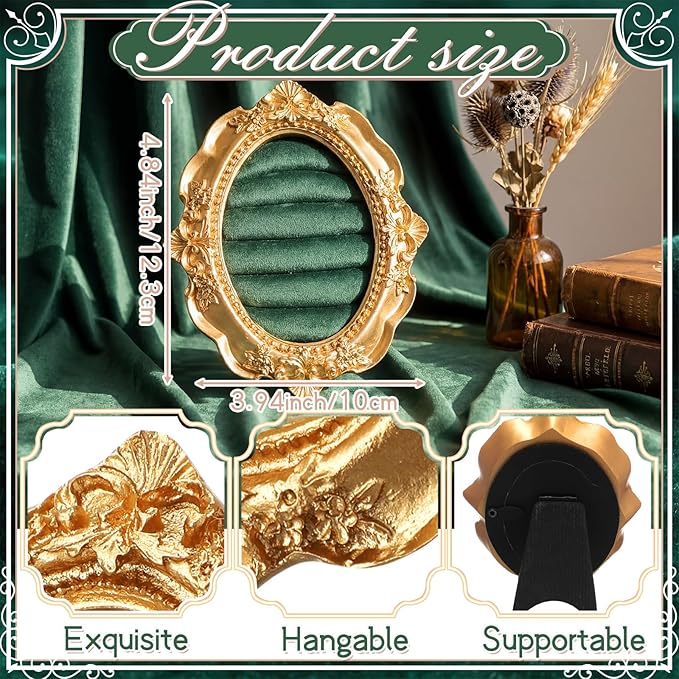 Vintage Ring Holder Round Green Mat Ring Wedding Display Suede Jewelry Box Stand Frame Earring Tray Anniversary Engagement Baroque Organizer Photograph Prop for Women Birthday Gifts