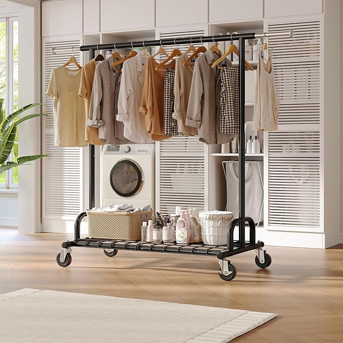 Raybee Heavy Duty Clothes Rack, Clothing Racks for Hanging Heavy Clothes 200+, Rolling Clothing Rack Load 530 LBS, Extendable & Adjustable Portable Commercial Garment Rack with Wheels, Black