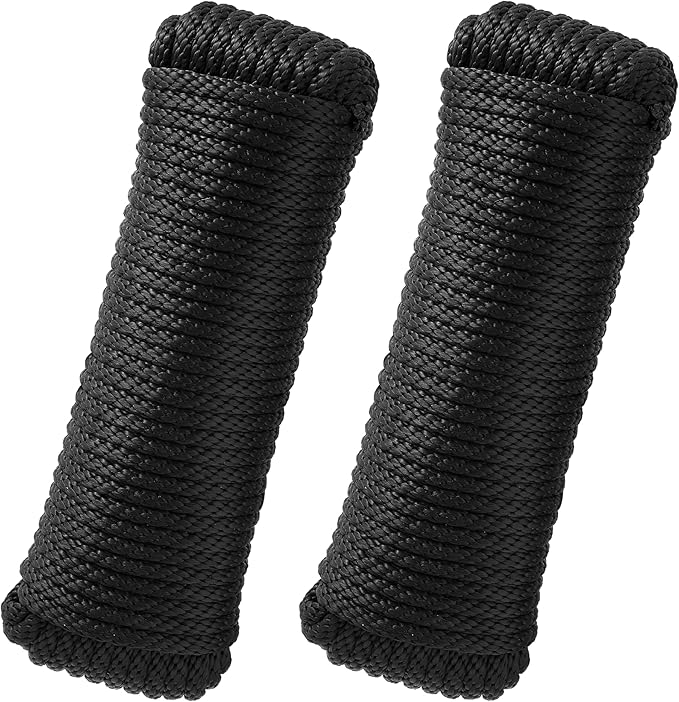 3/8 Inch 100 ft Solid Braided Polypropylene Rope, Outdoor Ropes, All Purpose Boat Marine Thick Tie for Camping and Flag Pole, Indoor and Outdoor Use, Black, 2 Pack