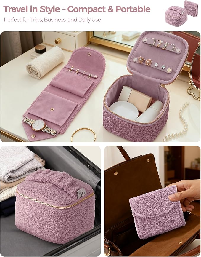 Travel Jewelry Case, 2-In-1 Small Jewelry Organizer Travel Jewelry Storage with Foldable Jewelry Roll for Earrings Rings Makeup, Travel Essentials Gifts for Women Girl, Lavender