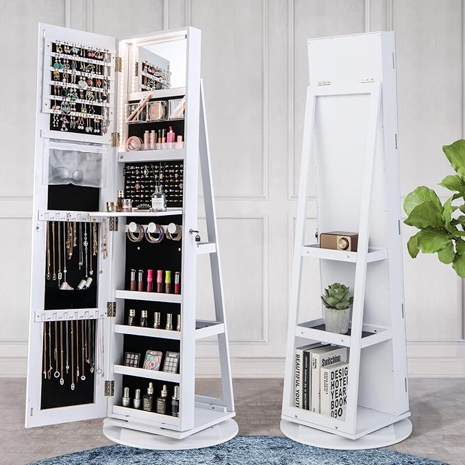GOFLAME 360° Rotating Jewelry Cabinet with Full-Length Mirror, Freestanding Jewelry Armoire with 3-Color LED Light and Back Storage Shelf, Lockable Jewelry Organizer for Bedroom Cloakroom, White