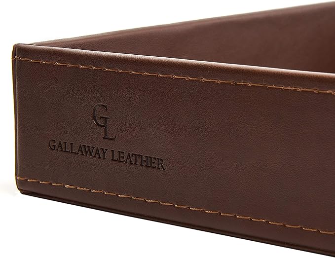 GALLAWAY Leather Valet Tray for Men - Nightstand Organizer EDC Tray for Wallet and Keys - Bedside Dresser Catch All Dump Key Bowl for Entryway Table, Dark Brown