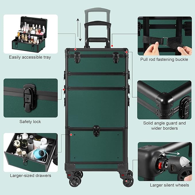 Makeup Train Case with LED Mirror, Rolling Makeup Case with Drawers, Cosmetology Case on Wheels, Gift, Travel Makeup Organizers, Profesional Cosmetic Case for Salon Barber,Nail,Tattoo,Green