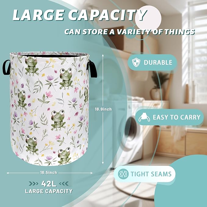 Cute Frog Laundry Hamper Foldable With Handles Kawaii Frogs Tote Bag Universal Oxford Cloth Funny Laundry Basket Clothes Toy Storage Bucket 18.9" x 16.5" For Bathroom/Laundry/Bedroom