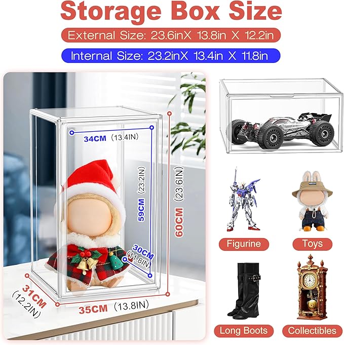 23.6 inch Tall Acrylic Display Case Stackable Boot & Shoe Boxes Thickened Clear Acrylic Display Cases for Collectibles Figures Doll Dustproof Sneakers Helmet Storage Box 13.8'' x 12.2'' x 23.6''