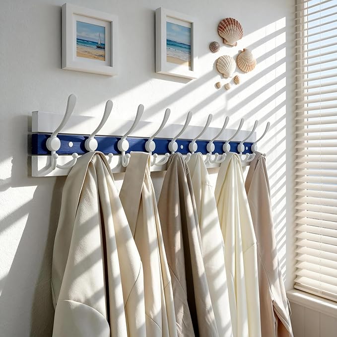 SKOLOO Coastal Wall Mounted Coat Rack - 38-1/8" Beach House Entryway Wooden Coat Hook with 10 Hooks for Hanging Coats, Hats or Towels, Oceanfront Cottage Core Collection, White & Blue