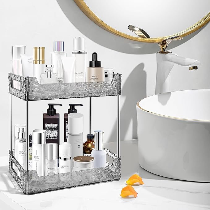 2-Tier Bathroom Counter Organizer Countertop Storage, Dresser Organizer Vanity Tray for Makeup, Perfume Organizer Cosmetics Skincare Shelf - Grey