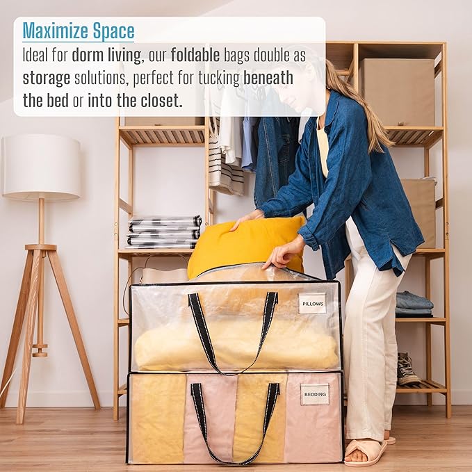 VENO 4 Pack Heavy Duty Moving Bags, Christmas Storage Bins with Lids, Clear Design, Alternative to Moving Boxes, Storage Bags for Clothes, Blankets, Comforters, Pillows, Camping (Clear, 4 Pack)