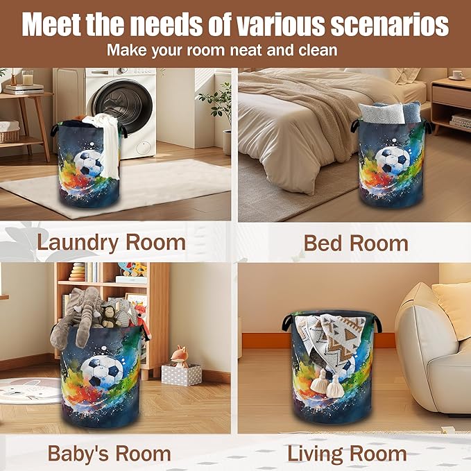 Abstract Soccer Laundry Basket,Waterproof Foldable Watercolor Ball Laundry Hamper,Dirty Clothes Basket, Linen Bin Storage Organizer Collection 16" x 20.8"