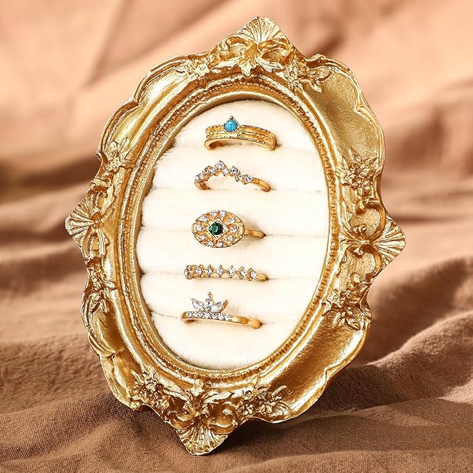 Vintage Ring Holder Oval Gold Ring Wedding Display Suede Jewelry Box Stand Frame Earring Tray Anniversary Engagement Baroque Organizer Photograph Prop for Women Birthday Christmas Gift