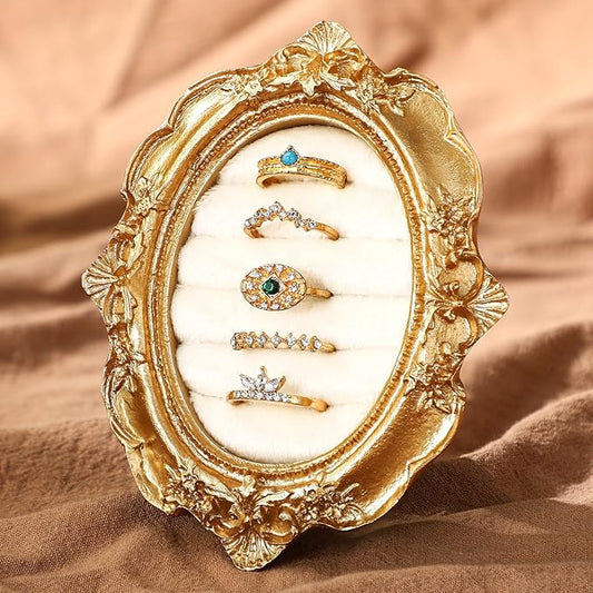 Vintage Ring Holder Oval Gold Ring Wedding Display Suede Jewelry Box Stand Frame Earring Tray Anniversary Engagement Baroque Organizer Photograph Prop for Women Birthday Christmas Gift