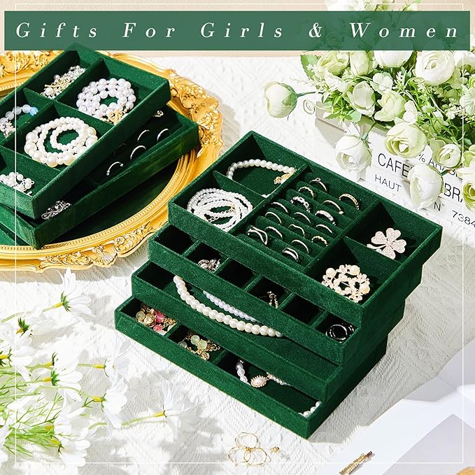 Junkin 18 Pcs Velvet Jewelry Tray Stackable Jewelry Drawer Organizer Jewellery Box Divided Display Tray for Earring Bangle(Dark Green)