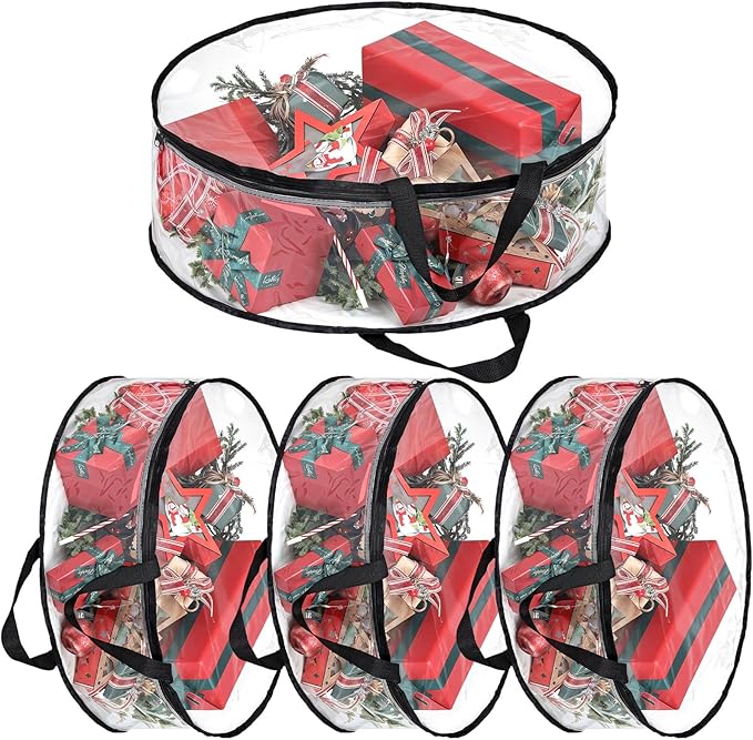 4 PCS Clear Wreaths Storage Bag, 24x8 Inch Christmas Wreaths Storage Container, Heavy Duty PVC Wreath Protector with Handle for Xmas Holiday Seasonal Wreath Garland (Black)
