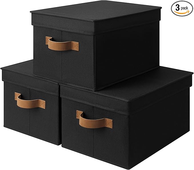 StorageWorks Black Storage Bins with Lids, Decorative Storage Boxes with PU Handles, Foldable Storage Baskets for Closet, Shelves, Stackable, Large, 3-Pack