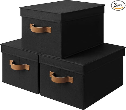 StorageWorks Black Storage Bins with Lids, Decorative Storage Boxes with PU Handles, Foldable Storage Baskets for Closet, Shelves, Stackable, Large, 3-Pack