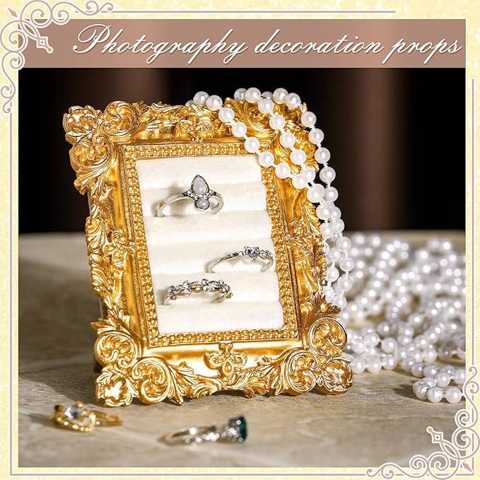 Vintage Ring Holder Rectangle Gold Ring Wedding Display Suede Jewelry Box Stand Frame Earring Tray Anniversary Engagement Baroque Organizer Photograph Prop for Women Birthday Christmas Gift