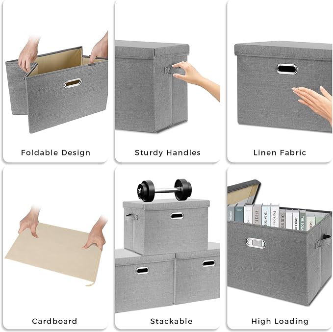 SNWDN 4 Pack Large collapsible Fabric Storage Bins with Lids Fabric storage box with lids for closet organizers and storage (grey 17.3x11.4x11.8 inches)