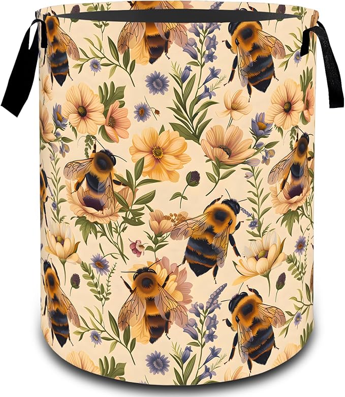 Bee Floral with Daisy Laundry Basket, Dirty Collapsible Clothes Toy Organizer Hamper for Kids Adults, Oxford Cloth Waterproof Storage Bin for Bedroom Bathroom Home Decor Gifts, 19.7"X15.7"
