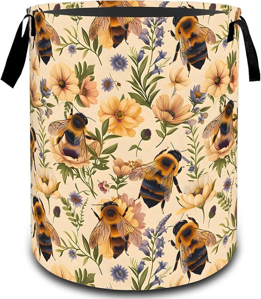 Bee Floral with Daisy Laundry Basket, Dirty Collapsible Clothes Toy Organizer Hamper for Kids Adults, Oxford Cloth Waterproof Storage Bin for Bedroom Bathroom Home Decor Gifts, 19.7"X15.7"