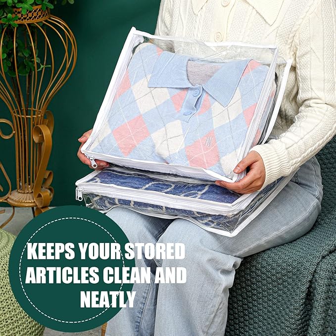 Hoolerry 12 Pcs Clear Zippered Storage Bags Pvc Sweater Sheet Organizer Plastic Sheet Storage Sweater Bags With Zipper And Label Pocket Container For Clothes Closet Linen Pillow(16 x 14 x 4 Inch)