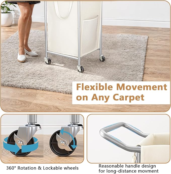 110L Large Laundry Hampers, Oxford Fabric Laundry Hampers Clothes Hampers, Metal Frame and Removable Bag Design with Wheels, Suitable for Bedroom, Bathroom, Dorm Room, Laundry Room (Silver Beige)