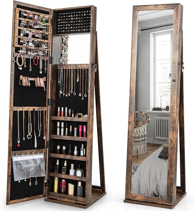 GOFLAME Jewelry Cabinet with Full-length Mirror, Jewelry Storage Organizer with Makeup Mirror, Back Storage Shelf, Lockable Jewelry Cabinet Armoire for Bedroom, Living Room (Brown)