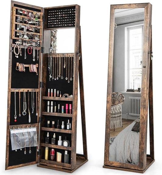 GOFLAME Jewelry Cabinet with Full-length Mirror, Jewelry Storage Organizer with Makeup Mirror, Back Storage Shelf, Lockable Jewelry Cabinet Armoire for Bedroom, Living Room (Brown)