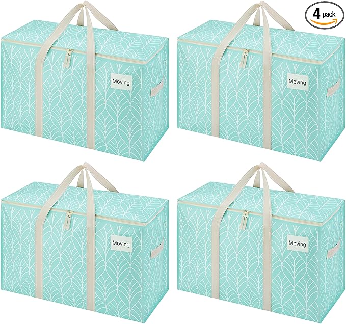 VENO 4 Pack Moving Bags, Heavy Duty, Moving Boxes Alternative, Packing Storage Supplies, Dorm Room Essentials with Zipper for Clothes, Extra Large Packaging Totes (Evergreen, 4 Pack)