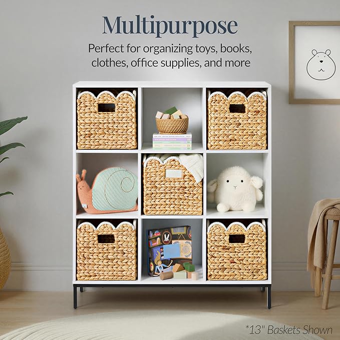 Best Choice Products 12 x 12in Scalloped Hyacinth Baskets, Rustic Set Of 5 Multipurpose Collapsible Storage Organizer, Handwoven Laundry Totes for Bedroom, Living Room, Shelves - Natural w/White Trim