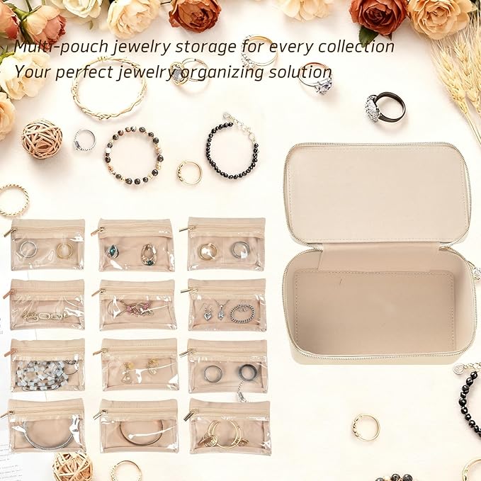 Travel Jewelry Box,Jewelry Travel Organizer for Women, Travel Jewelry Case with 12pcs Velvet Jewelry Pouches for Necklaces Rings Earrings Sorting Storage(Beige