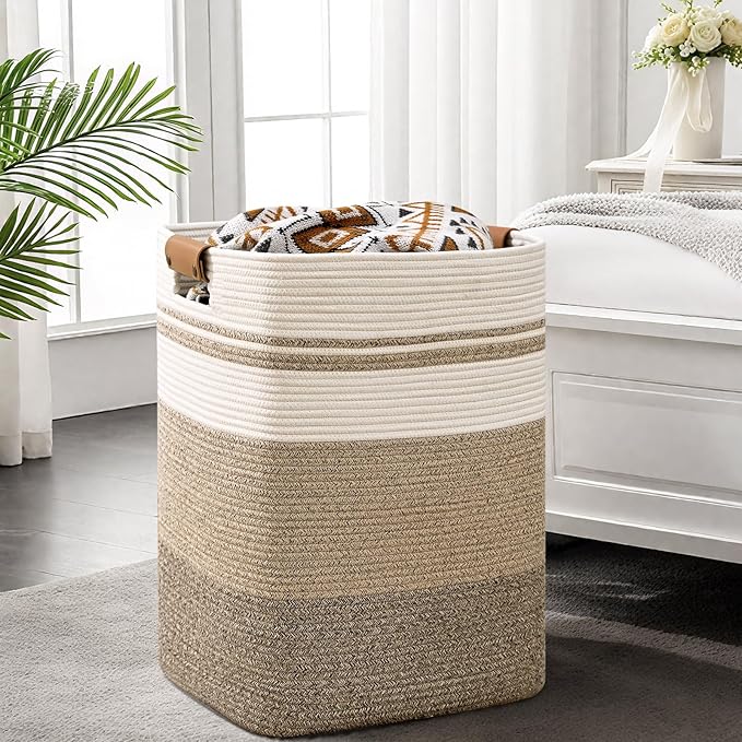 Laundry Hamper, 85L Tall Laundry Basket with Leather Handles, Rectangle Large Clothes Hamper for Organizing, Cotton Woven Laundry Baskets Storage Hampers for Bedroom, Nursery, Living Room