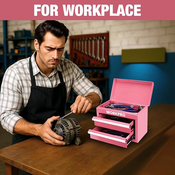 WORKPRO Metal Mini Tool Box, Top Tool Chest containing Two Drawers with Ball Bearing Slides, PVC Drawer Liners and PP Feet Pads, Cold Rolled Steel Small Toolbox for Multi-Purpose Storage - Pink Ribbon