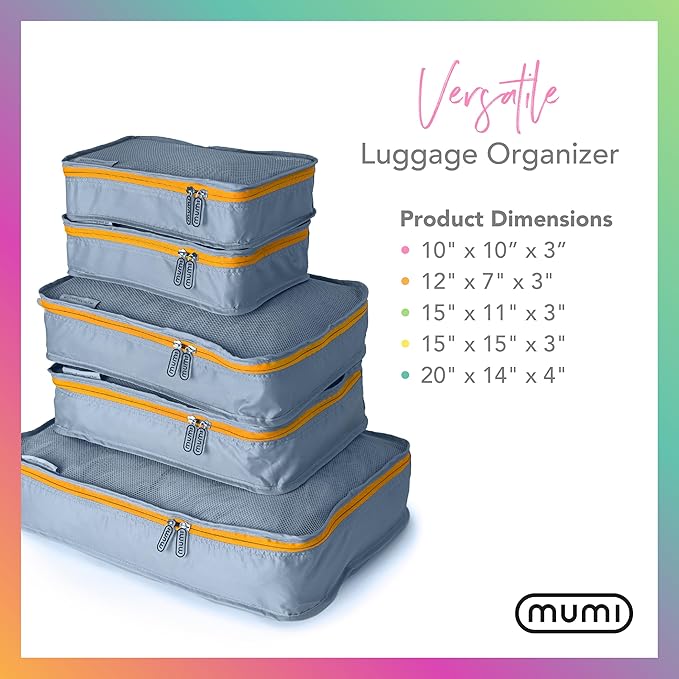 MUMI Packing Cubes - 5 Compression Packing Cubes for Travel, Luggage Organizer Bags for Suitcases, Carry-On, Duffle or Backpack – Mesh, Waterproof Bags for Clothes, Kids & Travel Accessories - Gray