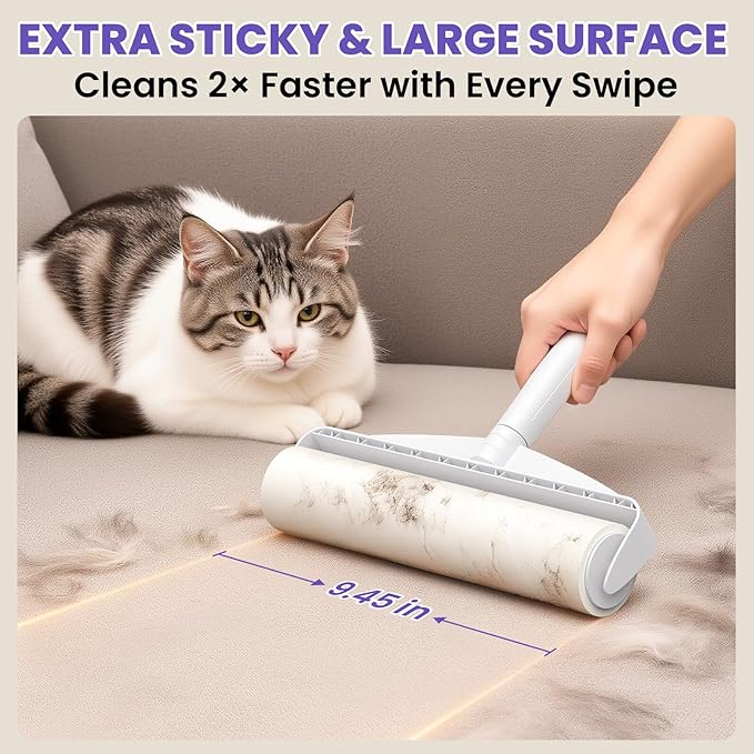 DELOMO Two Large Lint Roller Set for Pet Hair: 9.45” Extra-Wide Sticky Rollers - Long Handle for Floors & Carpets and Short Handle for Couches & Furniture - 360 Sheets Total - for Multi-Pet Homes
