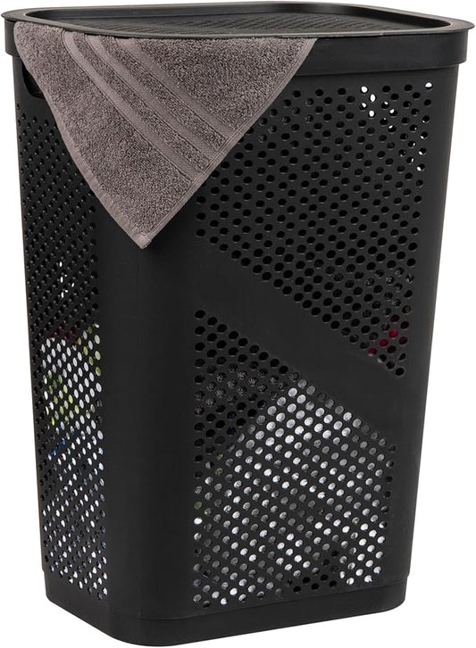 Mind Reader Slim Laundry Hamper with Lid, 60L Clothes Basket, Ventilated Plastic, Black