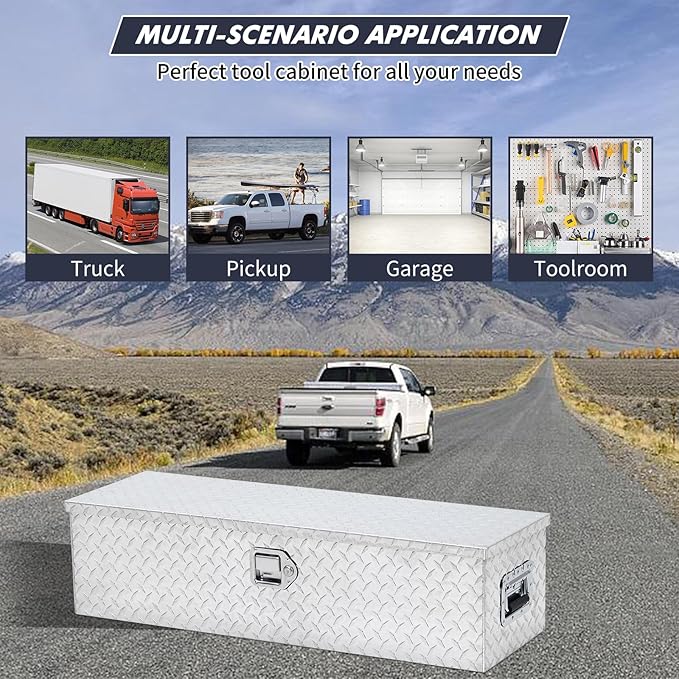Garvee Aluminum Truck Bed Tool Box, 15 x 15 x 48 in Diamond Plate Tool Box Chest Box Pick Up Truck Bed RV Trailer Toolbox Storage with Side Handle and Lock Keys