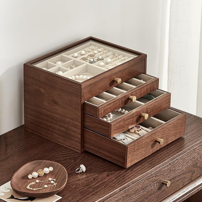 Black Walnut Wooden Jewelry Box for Women large 4 Layer Drawer Organizer Box with Glass Lid for Necklaces, Watch, Necklace, Ring, Earring Storage - Valentine's Day Gifts